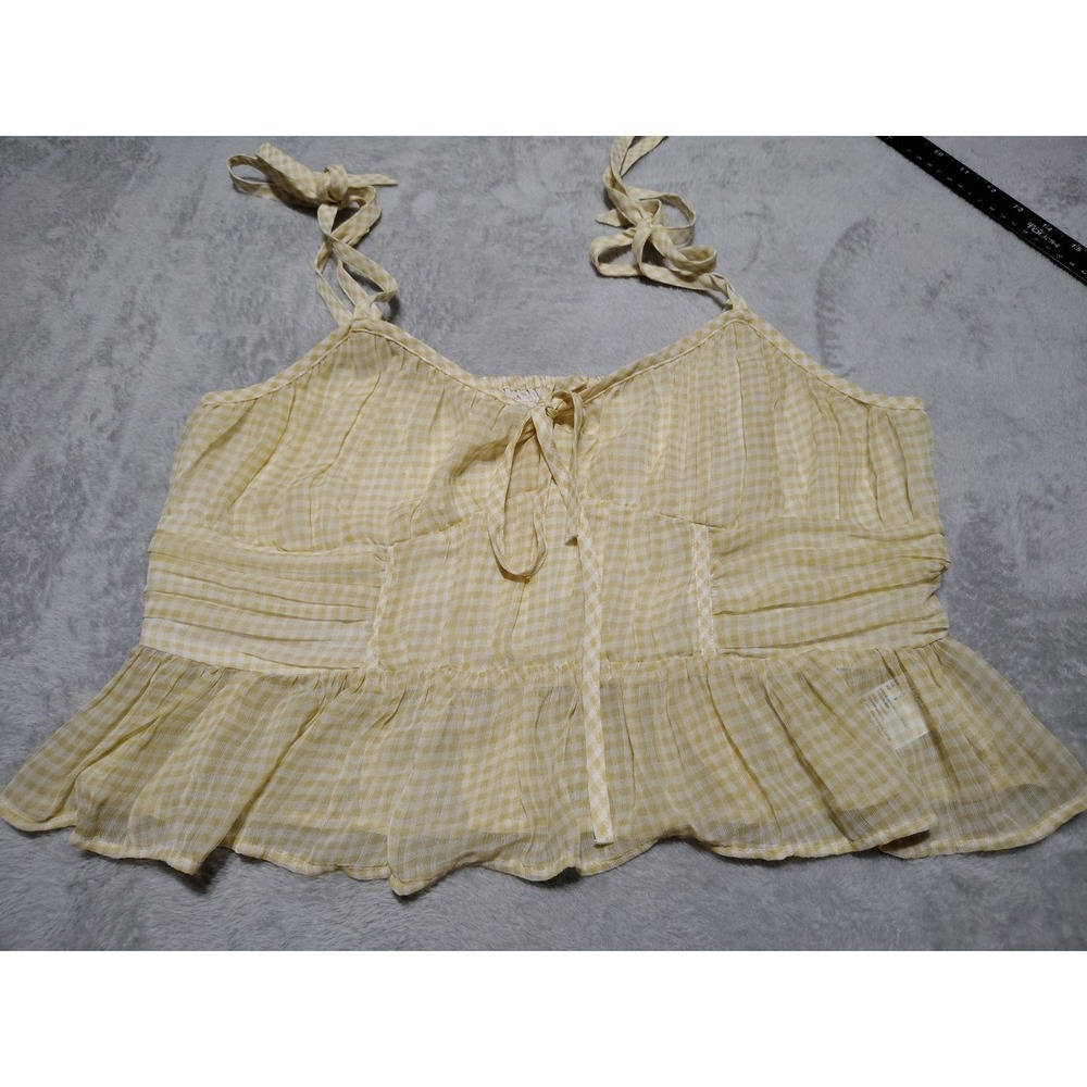 American Eagle Smocked Sun Top Ladies L Yellow Gingham Ruffled Pleated Summer
